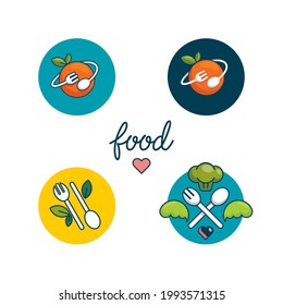 A set of logo icons on the theme of food and cafes. Fork and spoon with vegetables and fruits.