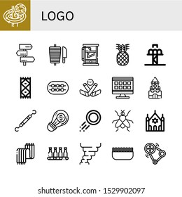 Set of logo icons. Such as Black hole, Signpost, Shawarma, Guillotine, Pineapple, Drop tower, Carpet, Shish kebab, Ice hockey, Grid, Kremlin, Dentist tools, Creative , logo icons