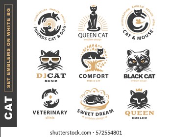 Set logo illustration with cat, emblem design on white background