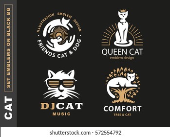 Set logo illustration and cats  emblem design black background