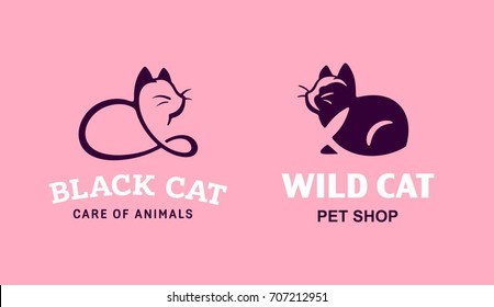 Set logo illustration cats, pet emblem design on black background