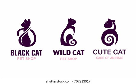 Set logo illustration cats, pet emblem design on black background