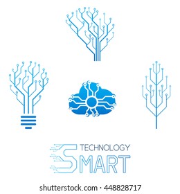Set of logo of information technology. Concepts of label in the different forms with circuit board. Vector template isolated on the white background.