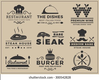 Set of logo & insignia design for Restaurant, Steak house, Wine, Burger, Food menu, Stamp, Letter press | Vector illustration resize able and free font used