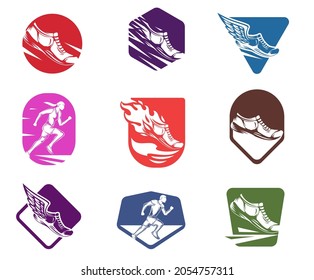 Set logo, label, emblem or badges for sport running isolated on white background. Collection colorful design elements of club, marathon event, t-shirt branding. Vector illustration.