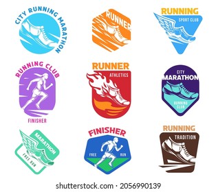 Set logo, label, emblem or badges for sport running isolated on white background. Collection colorful design elements of club, marathon event, t-shirt branding. Vector illustration.