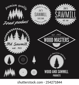 Set of logo, labels, badges and logotype elements for sawmill, carpentry and woodworkers