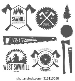 Set of logo, labels, badges and logotype elements for sawmill, carpentry and woodworkers