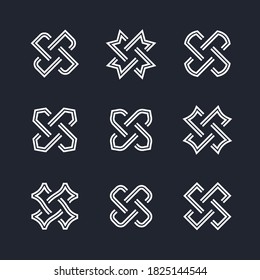 Set of Logo Labels for Business Cards. Complex Geometric Contemporary Elements. Abstract Merged Figures Isolated on Black Background