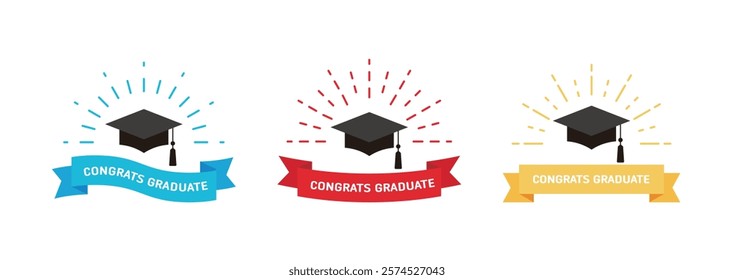 A set of logo labels with a graduation cap icon and ribbon with a graduation concept.