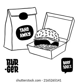Conjunto de logotipo, etiquetas y sello para hamburguesa, hamburguesa. Diseño sencillo y mínimo.