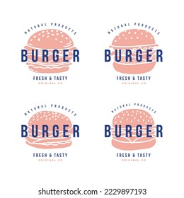 Conjunto de logotipo, etiquetas y sello para hamburguesa, hamburguesa. Diseño sencillo y mínimo.