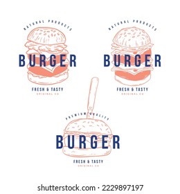 Conjunto de logotipo, etiquetas y sello para hamburguesa, hamburguesa. Diseño sencillo y mínimo.