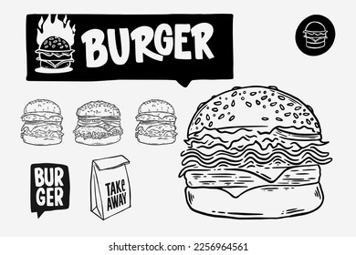 Set of logo, labels and stamp for hamburger, burger. Simple and minimal design.