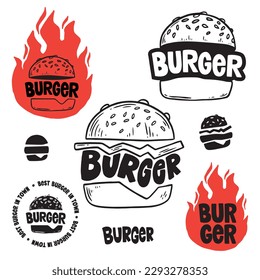 Set of logo, labels and stamp for hamburger, burger. Simple and minimal design.