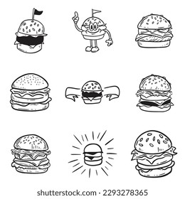 Conjunto de logotipo, etiquetas y sello para hamburguesa, hamburguesa. Diseño sencillo y mínimo.