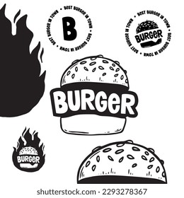 Set of logo, labels and stamp for hamburger, burger. Simple and minimal design.