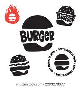 Conjunto de logotipo, etiquetas y sello para hamburguesa, hamburguesa. Diseño sencillo y mínimo.