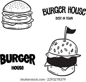 Set of logo, labels and stamp for hamburger, burger. Simple and minimal design.