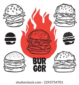 Set mit Logo, Etiketten und Stempel für Hamburger, Burger. Einfaches und minimales Design.