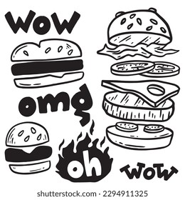 Set of logo, labels and stamp for hamburger, burger. Simple and minimal design.