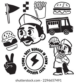 Conjunto de logotipo, etiquetas y sello para hamburguesa, hamburguesa. Diseño sencillo y mínimo.