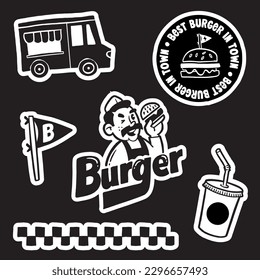 Set of logo, labels and stamp for hamburger, burger. Simple and minimal design.