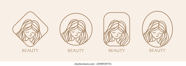 Set logo of  lady woman beautiful power in simple minimalist line outline brown beige earth tone for woman's day female beauty business branding identity