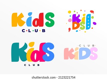 Set Of Logo Lettering Kids Color Circles Bubble. Fun Design Template сhildren Clothing Shop, Kindergarten, Kids Club, School, Channel, Toys Store. Vector Illustration. Isolated On White Background.