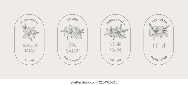 Set of logo with lily flowers in simple minimal linear style. Vector floral emblem and icon for beauty salon, SPA, wedding boutique, Photographer, fashion store, flower shop