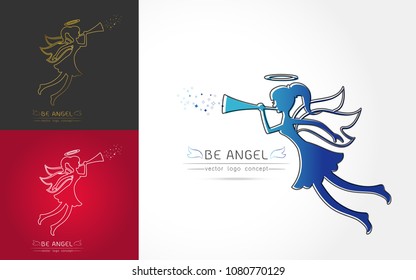 Set of logo line art style Christmas Angel blowing a trumpet. Heavenly messenger symbol ,Vector illustration