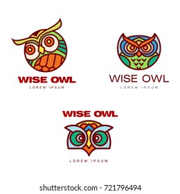 Set of logo, logotype templates with owl heads, vector illustration isolated on white background. Multicolored owl head logo, logotype, badge templates for companies, schools and colleges