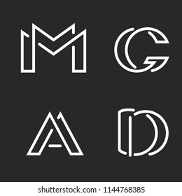 Set logo M, D, A, G letters monograms logos, group creative linear marks, overlapping black and white thin lines business or wedding card emblems