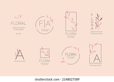 Set of logo and monogram templates. Art created in the style of minimalism in light colors. Available in nude, pink, grey. The art uses branches, leaves. Geometric, feminine logos with a simple fonts.
