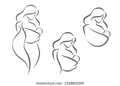 Set of logo with mother and baby. Stylized outline symbol. Motherhood, love, mother care, woman, child, baby sling. Silhouette, icon, logo sign Vector illustration