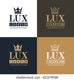 Set logo on a blue, white and gold background with a picture of the silhouette of the crown and the words Lux. Vector Illustration