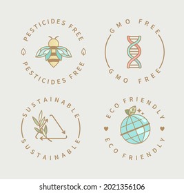 Set of logo for pesticides and gmo free, sustainable and eco friendly product. Icons,labels for menu, packaging,packing, cosmetology, production.Vector illustration in flat style.