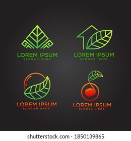 Poner el logotipo de hoja rectangular, casa verde, hoja de fruta y hoja y el logotipo de la hoja de música vectorial para empresas y uso comercial