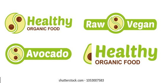 Set logo restaurant bar raw vegan natural food business  avocado fruit in circle shape Yin Yang. vegetarian sticker emblem icon mascot eat service yoga healthy life. Modern vector style flat design.