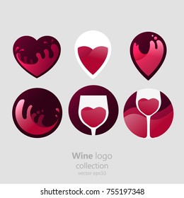 Set of Logo round with a glass of wine. Capsule with liquid in motion. Vector gradient flat illustration