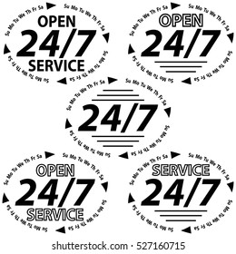 set logo service 24 hours 7 days a week, service is open around the clock including weekends and holidays, the sticker for the shop or website, vecto