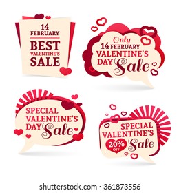 Set logo, sets, badges, stickers for Valentine's Day promotion. Notice of discounts, price tags sale Valentine's Day. Vector.