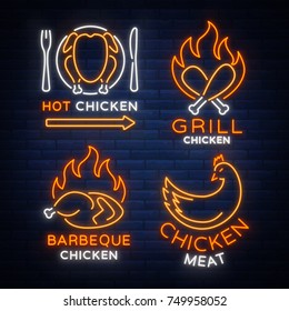 Set logo, signs, banners chicken in neon style for a grocery store and restaurants. Neon sign, night bright advertisement. Barbecue chicken, grilled chicken. Vector illustration