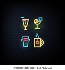 Set logo, signs, banners drinks in neon style for a grocery store and restaurants. Neon sign, night bright 