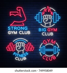Set of logo signs on fitness theme, bodybuilding in neon style isolated, vector illustration. Glowing banner, a bright neon sign, a night advertisement of a fitness club, a sports hall, a sports club