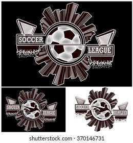 Set logo soccer league with urban elements and the silhouette football atmosphere on soccer ball background.  Vector illustration