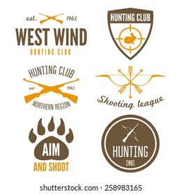 Set of logo, sticker, badge, emblem, label, print or logotype elements for shooting club or hunting club 