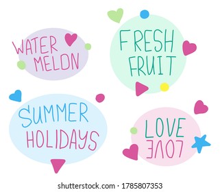 Set of logo, stikers, emblems. Text Water melon, Fresh Fruit, Summer Holidays, Love on colorful round backgrounds. Vector illustration in doodle style.