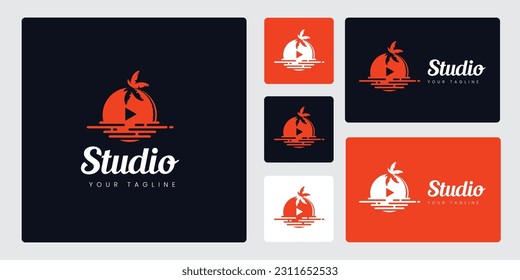 Set Logo Studio, Sunset on the Beach, Suitable for Logos of Companies Engaged in Video Maker Services, Podcasts, Music, Cinema and Others.