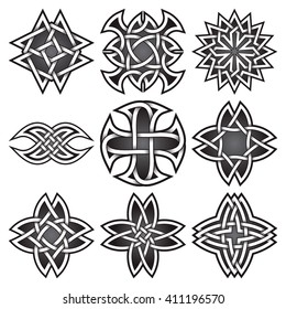 Set of logo symbols in Celtic knots style. Tribal tattoo symbols package. Nine silver stamps for jewelry design. Monochrome logos design elements.